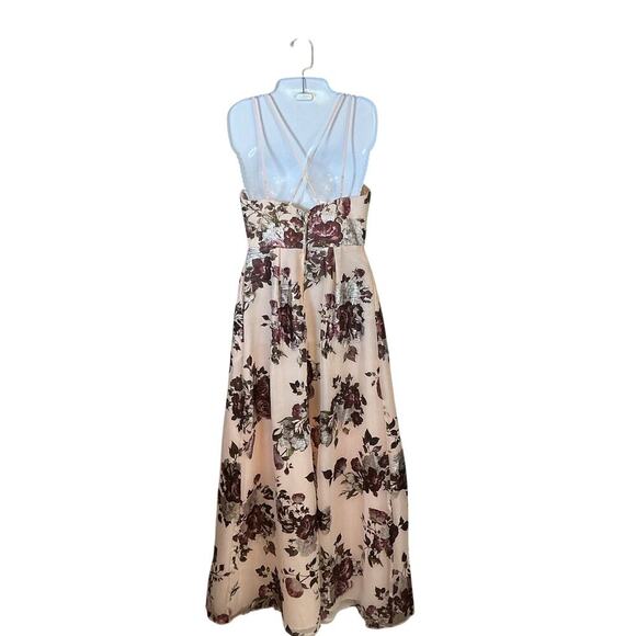 CRYSTAL DOLL Pink Metallic Floral Deep V-Neck Ball Gown Prom Bridesmaid Sz 3 - Picture 10 of 15